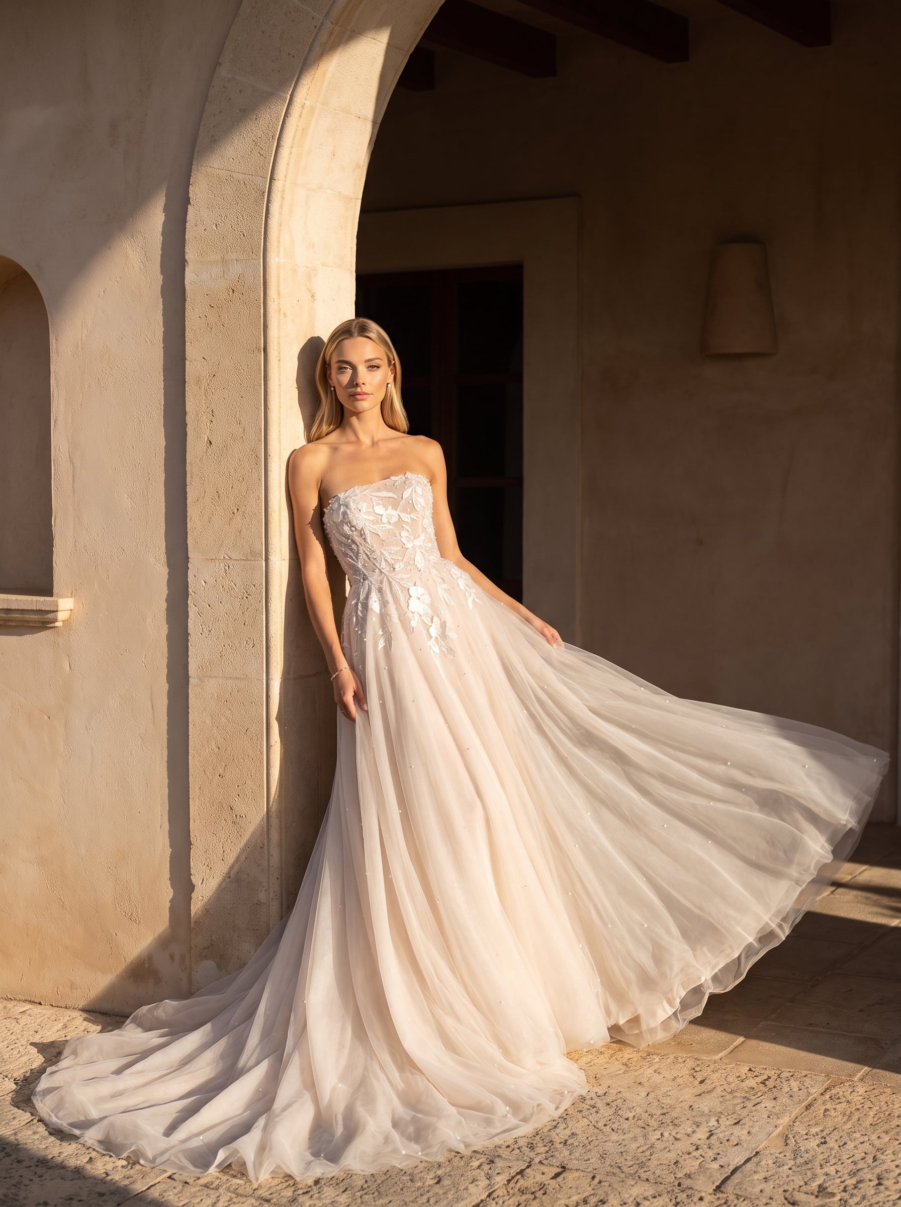 Page Updates & Announcements Delilah Blake strapless A-line wedding dress with floral lace bodice, flowing sparkle tulle skirt, and romantic train.