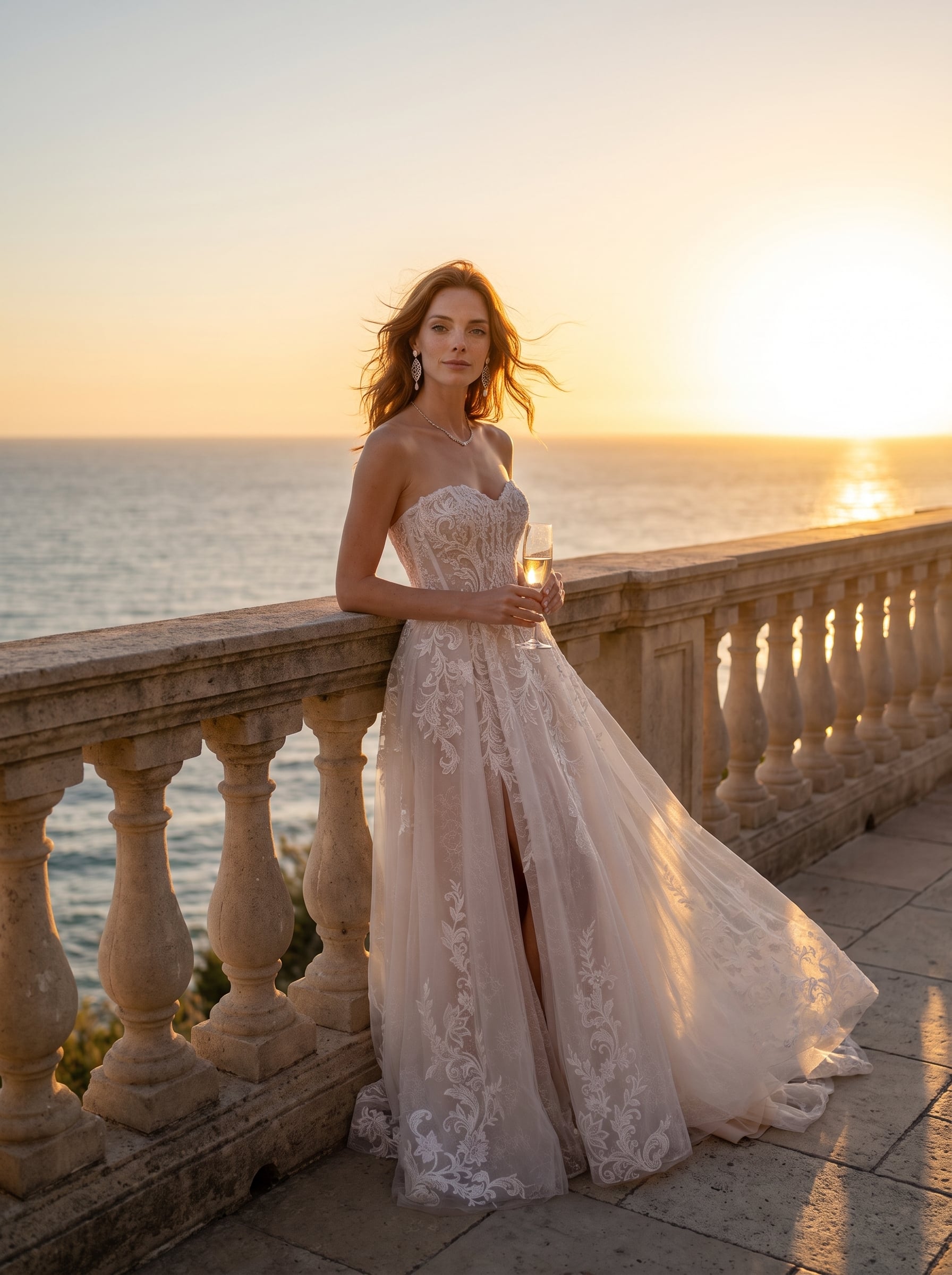 Wedding Dresses Collection Kamila Blake strapless A-line wedding dress with cat-eye scoop neckline, intricate lace detailing, sparkling tulle skirt, and slit.