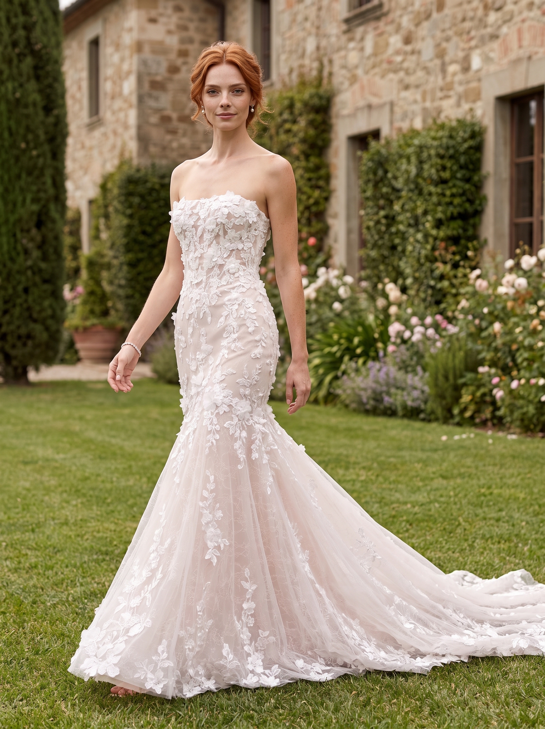 Wedding Dresses Collection Karigan Blake strapless fit-and-flare wedding dress with floral lace appliqués, flowing tulle skirt, and romantic train.