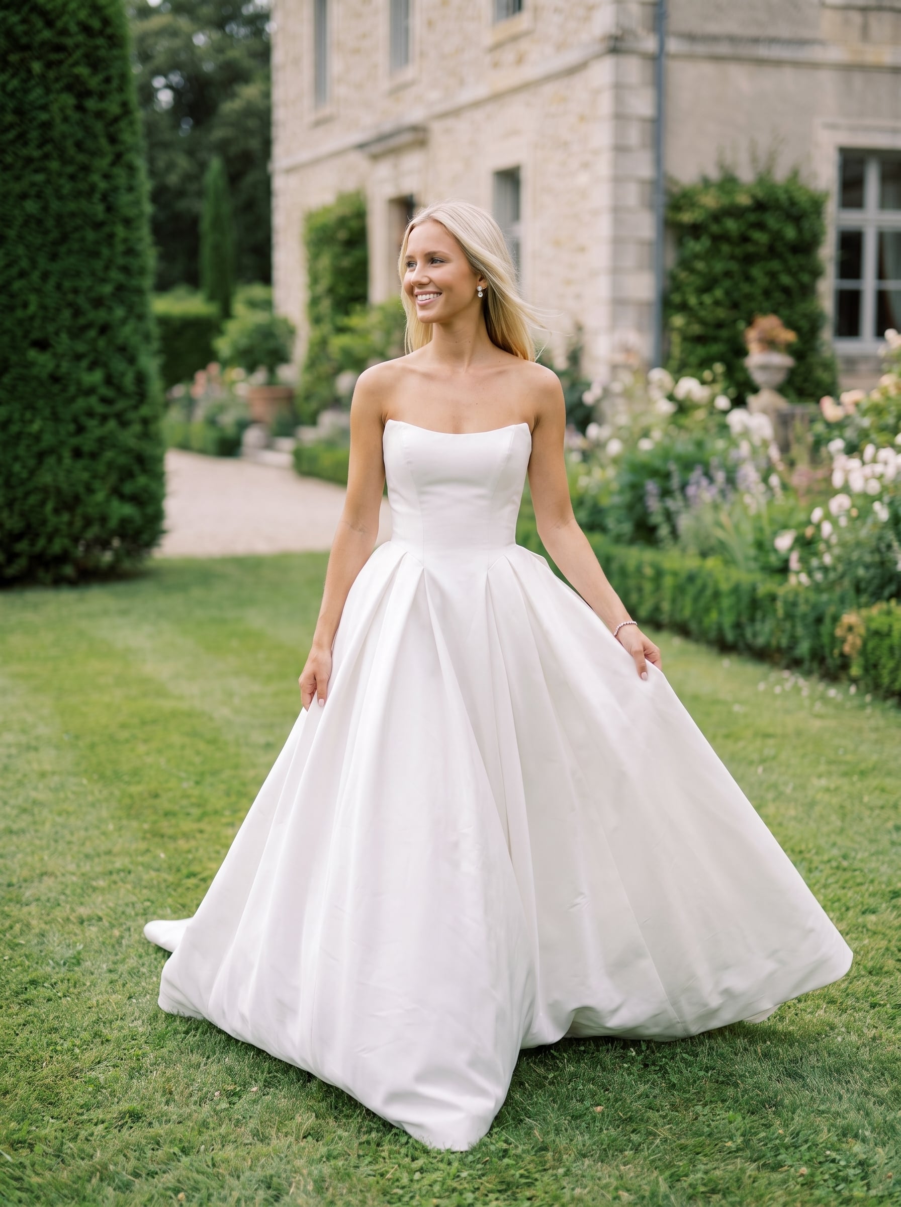 Eva strapless ivory satin ball gown wedding dress featuring a softly curved neckline, structured fitted bodice, elongated waistline, and full pleated skirt with a classic, minimalist bridal design.