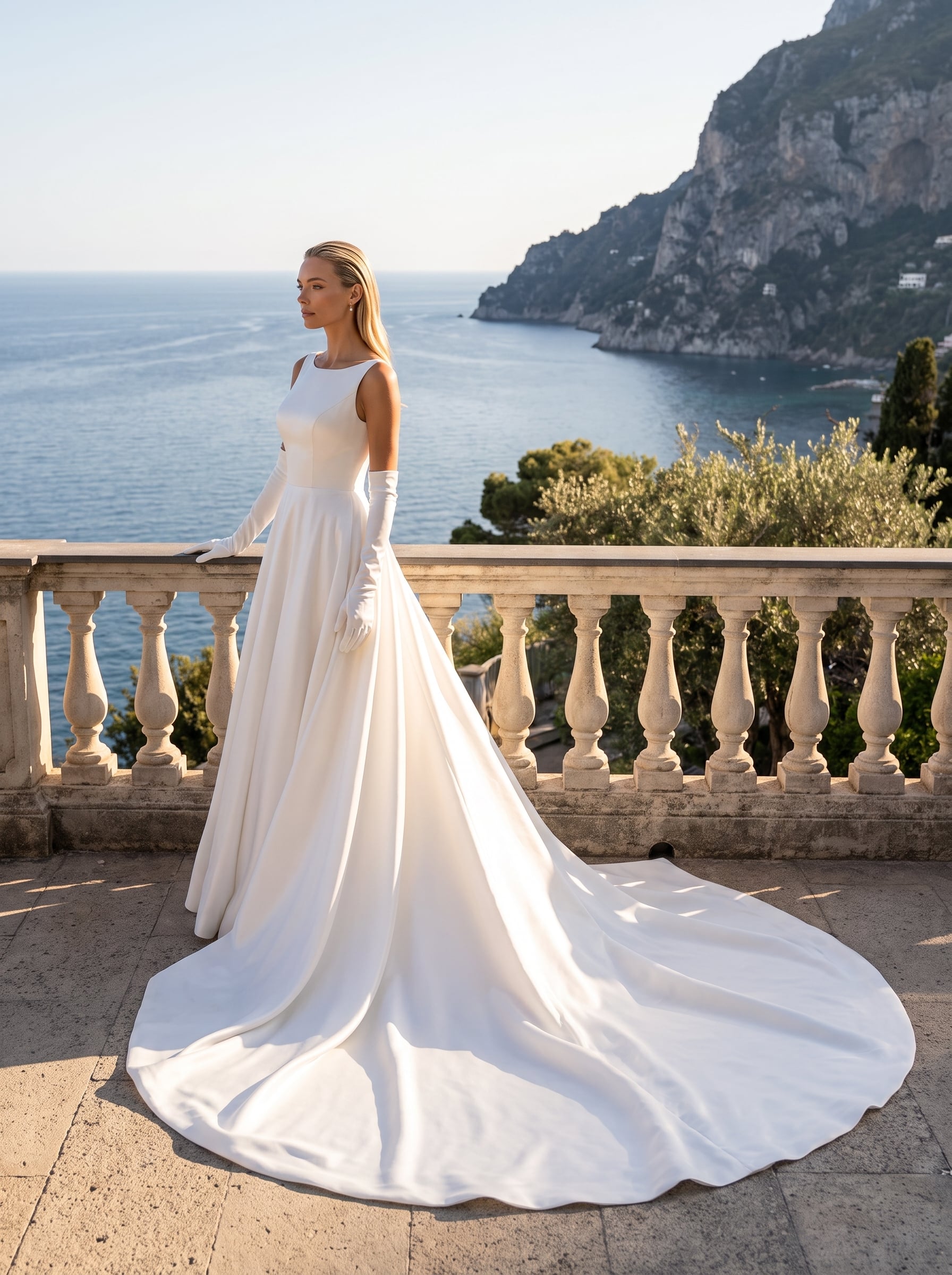 Ellie high neck A-line wedding dress with a sleeveless bodice and flowing train, available in crepe or soft satin.