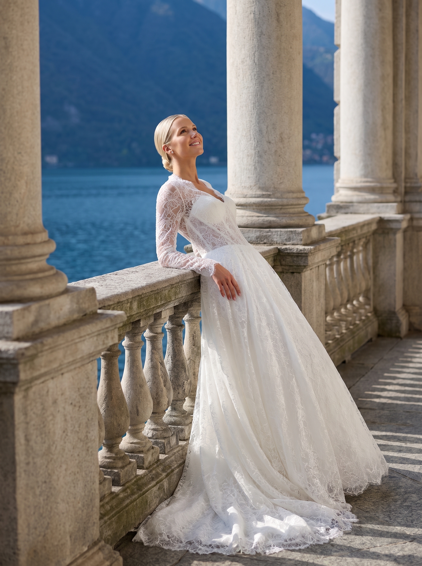 Page Updates & Announcements Lena Blake ivory lace A-line wedding dress featuring sheer long lace sleeves, V-neckline, fitted floral lace bodice, flowing skirt, scalloped lace hem, and sweeping train.