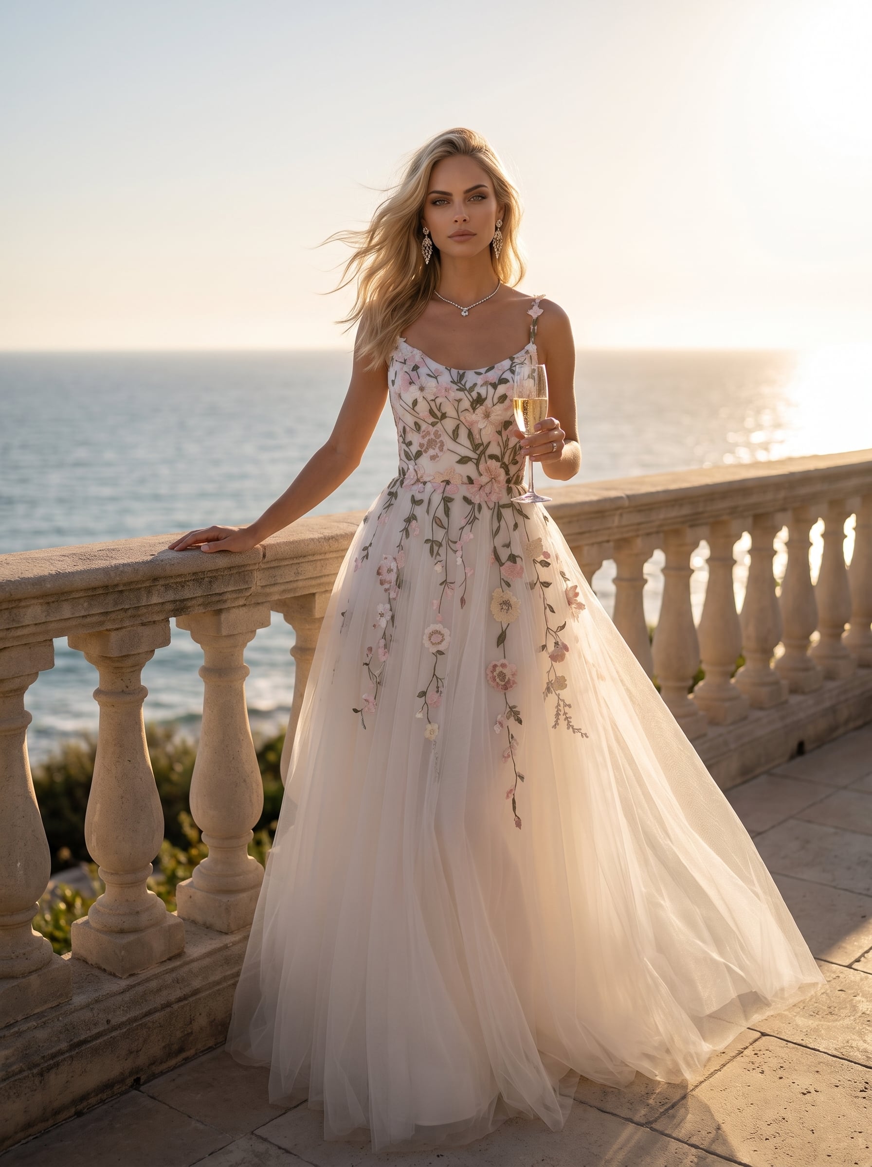 Page Updates & Announcements Brier Nicole ivory A-line wedding dress featuring colorful pink and green floral lace appliqués, thin spaghetti straps, scoop neckline, fitted bodice, and flowing tulle skirt.